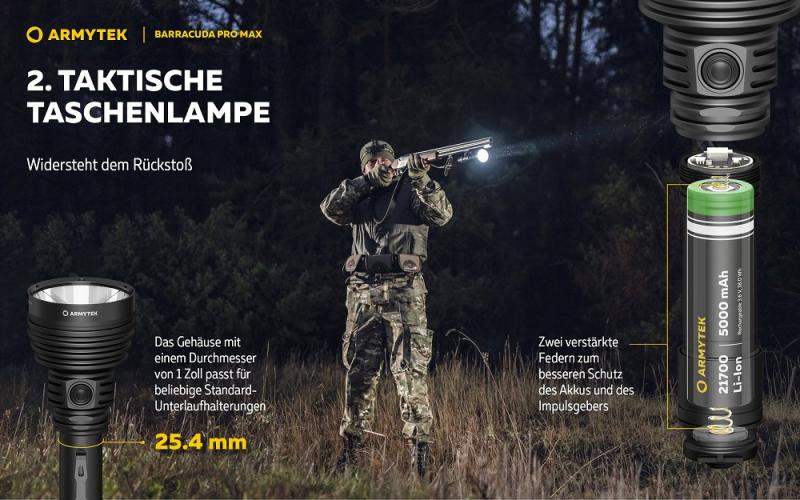 Armytek Barracuda Pro Max Set Profi Taschenlampe und Suchscheinwerfer weißes Licht, magnetische Aufladung Akku