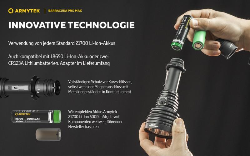 Armytek Barracuda Pro Max Set Profi Taschenlampe und Suchscheinwerfer weißes Licht, magnetische Aufladung Akku