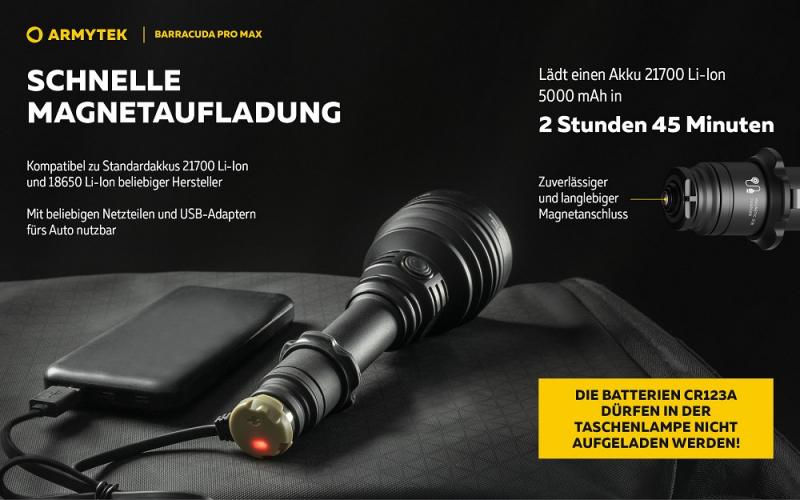 Armytek Barracuda Pro Max Set Profi Taschenlampe und Suchscheinwerfer weißes Licht, magnetische Aufladung Akku