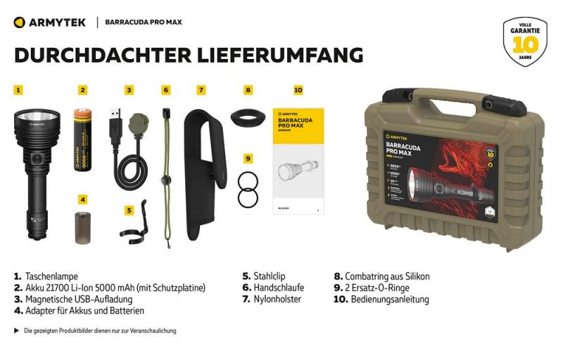 Armytek Barracuda Pro Max Set Profi Taschenlampe und Suchscheinwerfer weißes Licht, magnetische Aufladung Akku