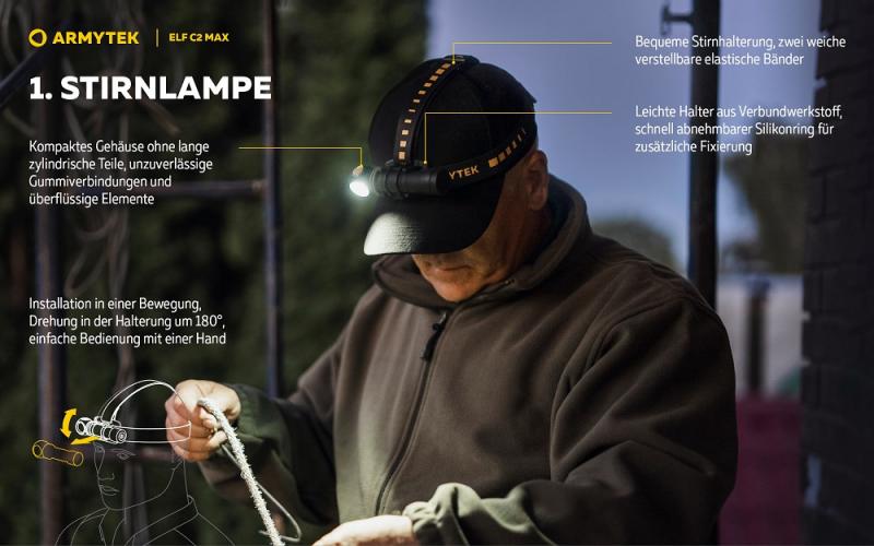 Armytek Elf C2 Max USB-C White Taschen- und Stirnlampe mit Magnethalterung / Stirnhalterung akkubetrieben neutralweißes Licht