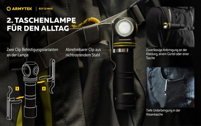 Armytek Elf C2 Max USB-C White Taschen- und Stirnlampe mit Magnethalterung / Stirnhalterung akkubetrieben neutralweißes Licht