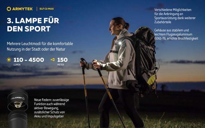 Armytek Elf C2 Max USB-C White Taschen- und Stirnlampe mit Magnethalterung / Stirnhalterung akkubetrieben neutralweißes Licht