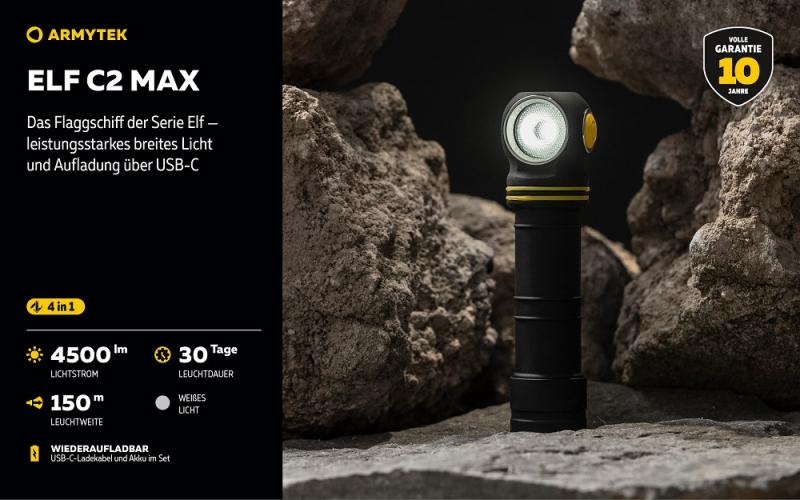 Armytek Elf C2 Max LR Taschen- und Stirnlampe mit Magnethalterung / Stirnhalterung akkubetrieben neutralweißes Licht