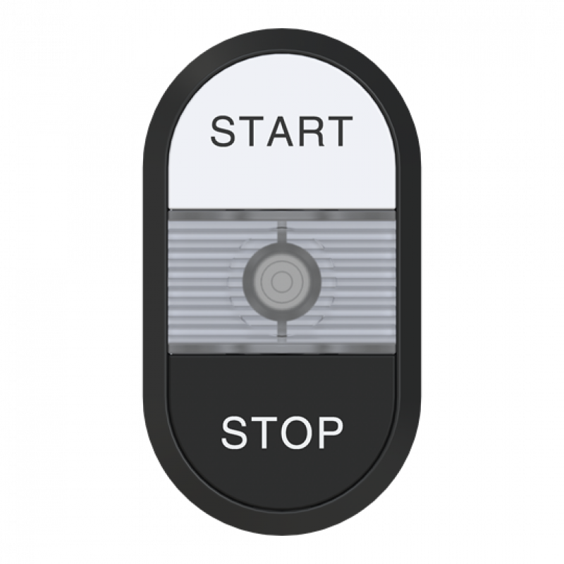 ABB MPD8-11C Doppeldrucktaster, Tasten - oben weiss: START - unten flach schwarz: STOP - Mitte: farblos, beleuchtbar