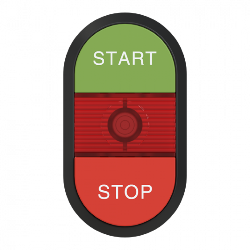 ABB MPD15-11R Doppeldrucktaster, Tasten - oben grün: START - unten hoch rot: Symbol STOP - Mitte: rot, beleuchtbar