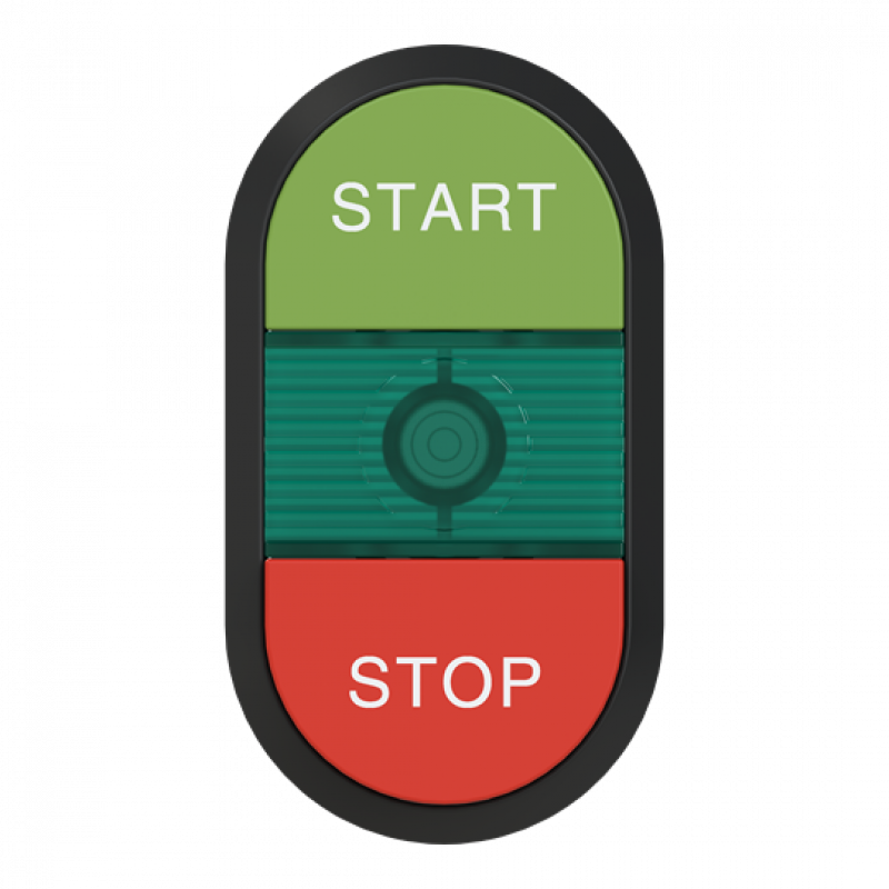 ABB MPD15-11G Doppeldrucktaster, Tasten - oben grün: START - unten hoch rot: Symbol STOP - Mitte: grün, beleuchtbar