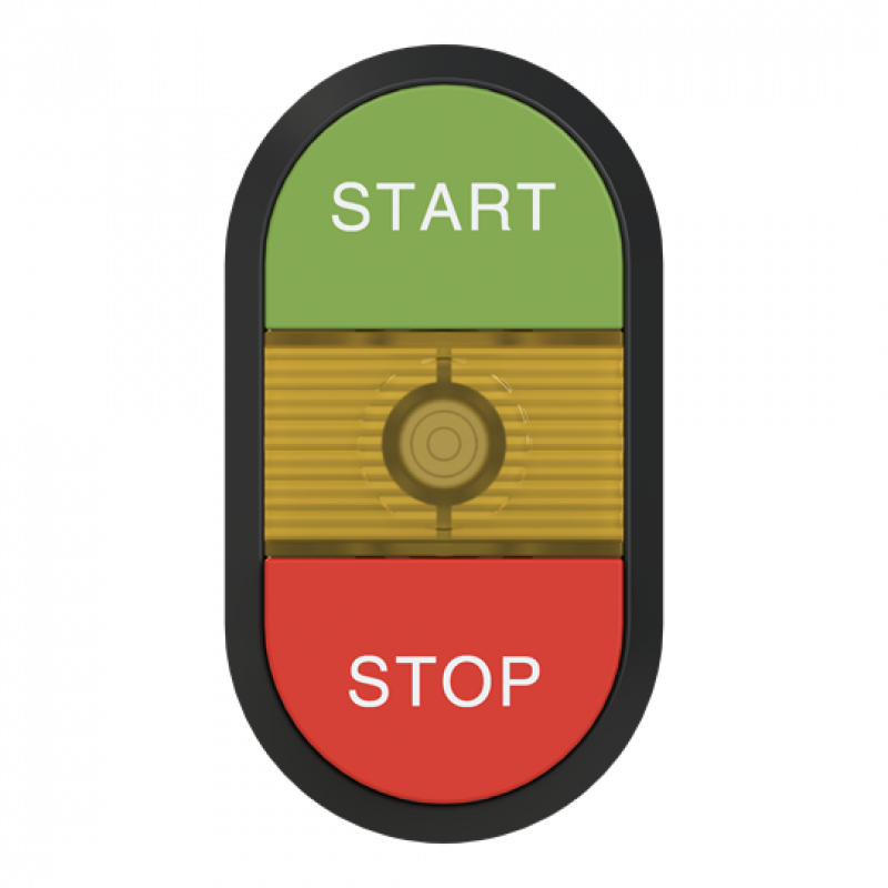 ABB MPD15-11Y Doppeldrucktaster, Tasten - oben grün: START - unten hoch rot: Symbol STOP - Mitte: gelb, beleuchtbar