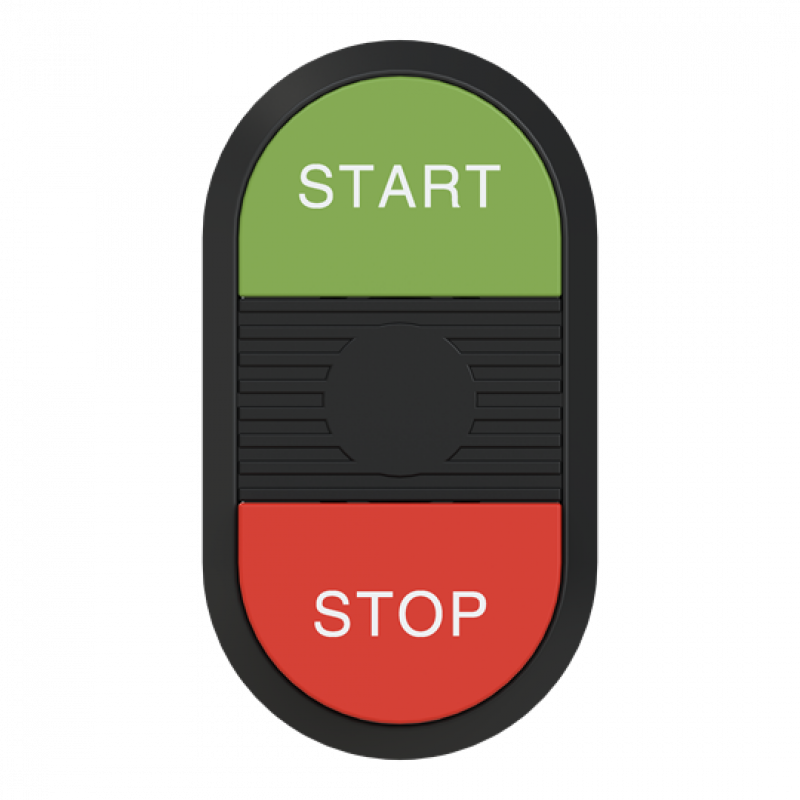 ABB MPD15-11B Doppeldrucktaster, Tasten - oben grün: START - unten hoch rot: Symbol STOP - Mitte: schwarz, nicht beleuchtbar