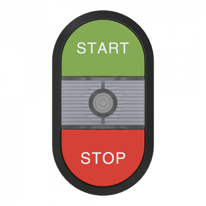 ABB MPD15-11C Doppeldrucktaster, Tasten - oben grün: START - unten hoch rot: Symbol STOP - Mitte: farblos, beleuchtbar