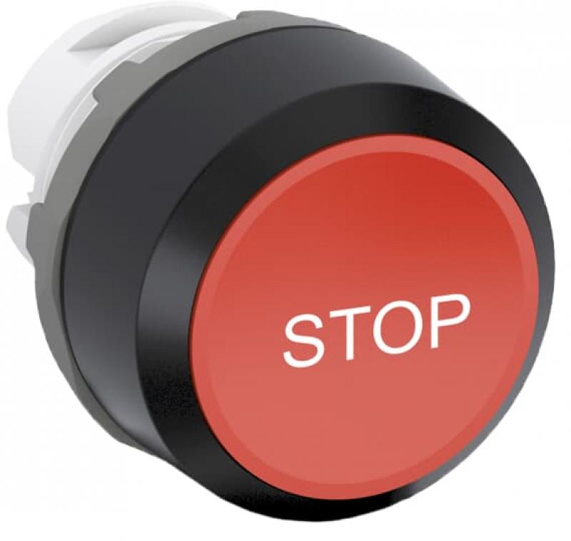 ABB MP1-7081 Drucktaster beschriftet, rot, flach-tastend, Frontring schwarz Kunststoff, Text weiss: STOP, nicht beleuchtbar
