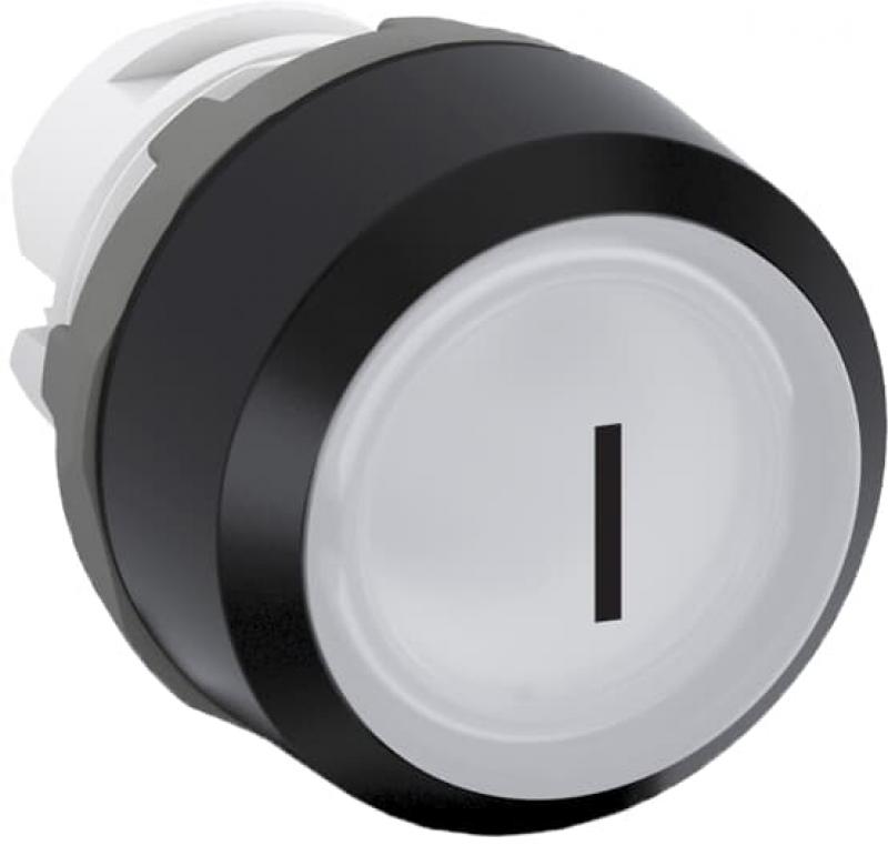 ABB MP1-7019 Drucktaster beschriftet, weiss, flach-tastend, Frontring schwarz Kunststoff, schwarzes Symbol I, beleuchtbar