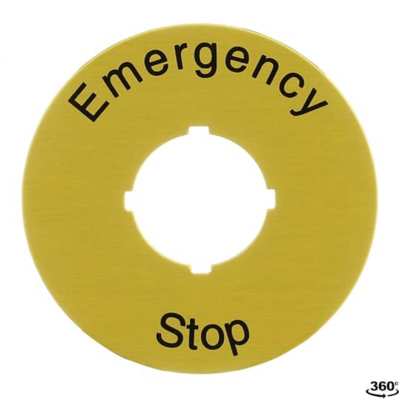 ABB CA6-1026 Schild D=59,-Emergency Stop-, Schwarzer Text auf gelbem Aluminiumschild, Ø 59 mm