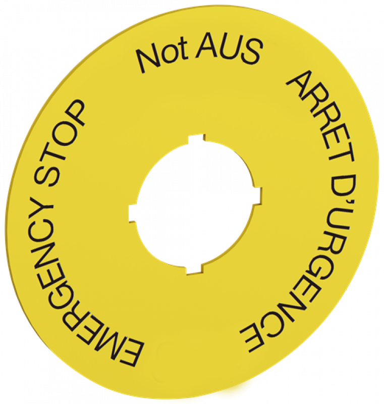 ABB 70 mm diameter legend plate for emergenc Textschild NOT AUS, dreisprachig VE=10 EMERGENCY STOP NOT-AUS ARRET D´URGENCE
