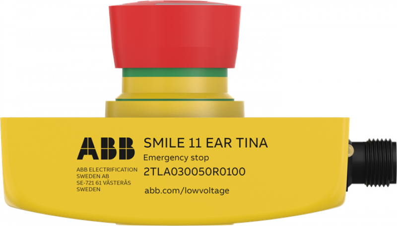 ABB Smile 11 EAR Tina Not-Halt-Taster 1 x 5-poliger Stiftstecker M12, Einbau im Bedienfeld mit dynamischem Funktionsprinzip, LED-Anzeige im Taster