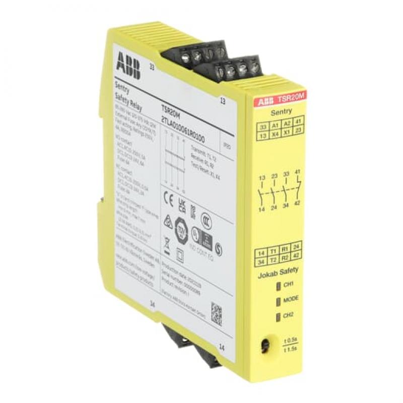 ABB Sentry TSR20M Sicherheitsrelais 85-265 V AC/120-375 V DC Relaisausgänge 3 Schließer + 1 Öffner Betriebsspannung 85-265 V AC/120-275 V DC Abfallverzögerung 0,5/1,5 s wählbar