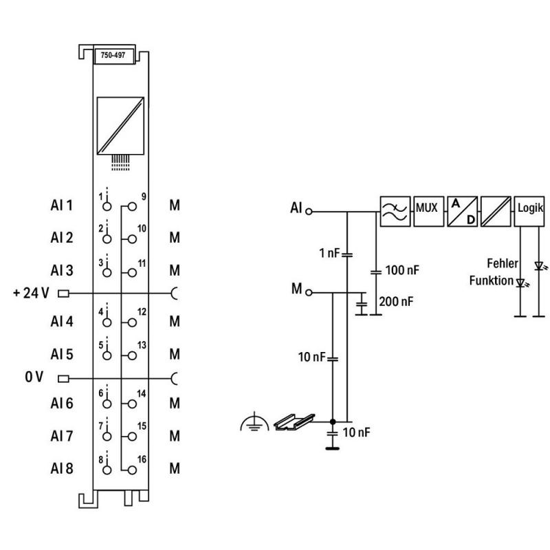 WAGO 750-497 Analogeingangsklemme 8-Kanal DC 0–10 V / ±10 V 12 Bit