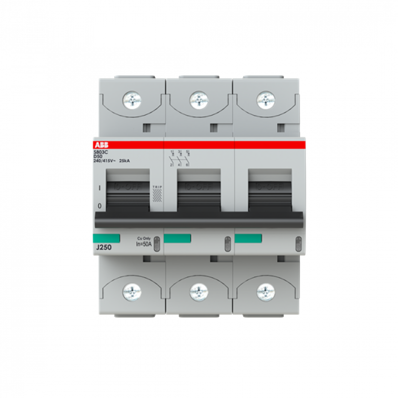 ABB S803C-D50 Hochleist.-Sicherungsautomat, 50A, D, 415 V AC=Icu 25kA, 3P