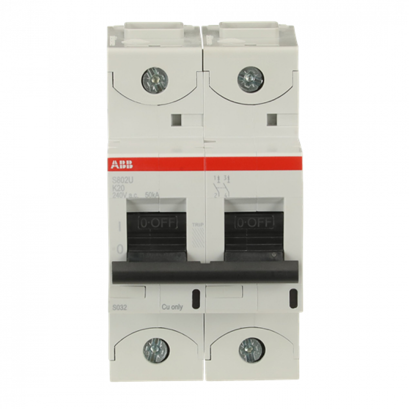 ABB S802U-K20 Hochleist.-Sicherungsautomat, 20A, K, 240 V AC=Icu 50kA, 2P, UL 489, 415 V AC=Icu 50kA, EN60947-2