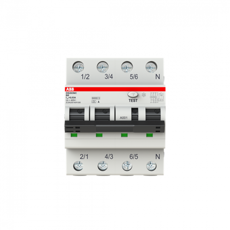 ABB DS203NC B8 A30 FI/LS-Schalter 6kA 3P+N, Typ A, B 8, 30mA 6kA IEC/EN 61009, 10kA IEC/EN 60947-2