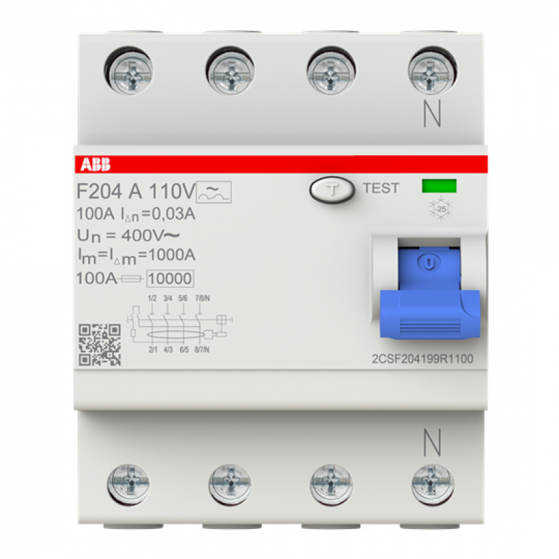 ABB F204 A-100/0.03 110V FI-Schalter Typ A 110V RCCB, 4P, 100A, 30mA, f.110V AC-Netz