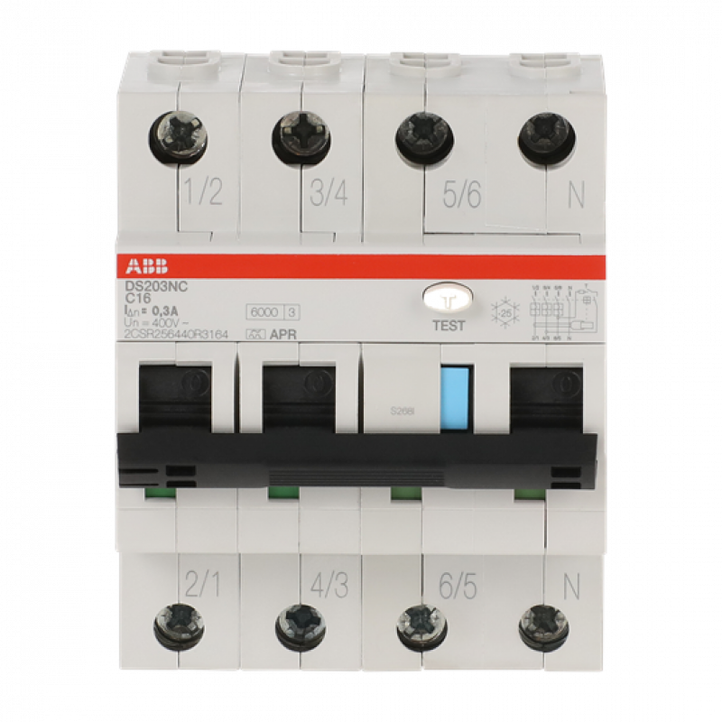 ABB DS203NC C16 APR300 FI/LS-Schalter 6kA, 3P+N, TypA, C16, 300mA, kurzzeitverzögert 6kA IEC/EN 61009, 10kA IEC/EN 60947-2