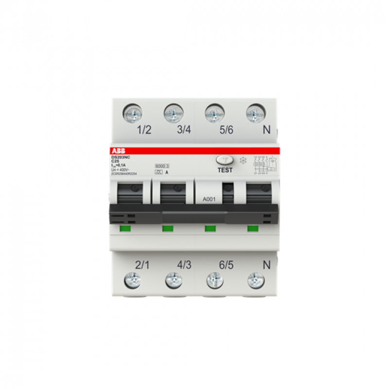 ABB DS203NC C25 APR100 FI/LS-Schalter Icn = 6.000 A IEC/EN 61009-1, Icu = 10 kA IEC/EN 60947-2 AP-R kurzzeitverzögert
