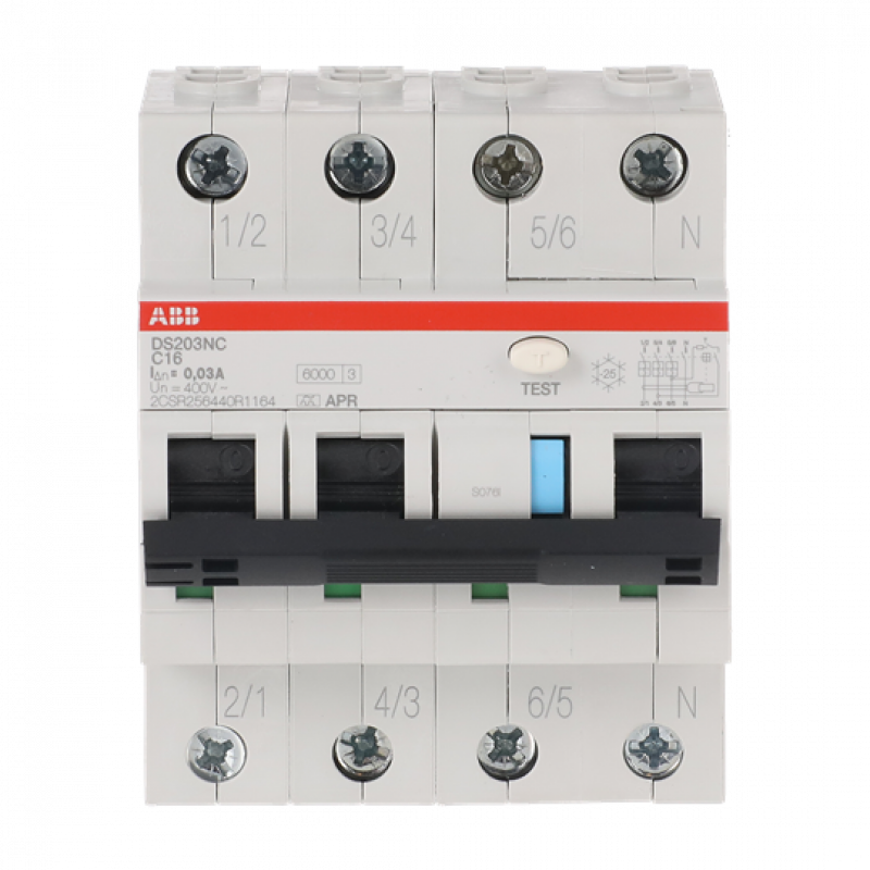 ABB DS203NC C16 APR30 FI/LS-Schalter 6kA, 3P+N, Typ A, C 16, 30mA, kurzzeitv. 6kA IEC/EN 61009, 10kA IEC/EN 60947-2