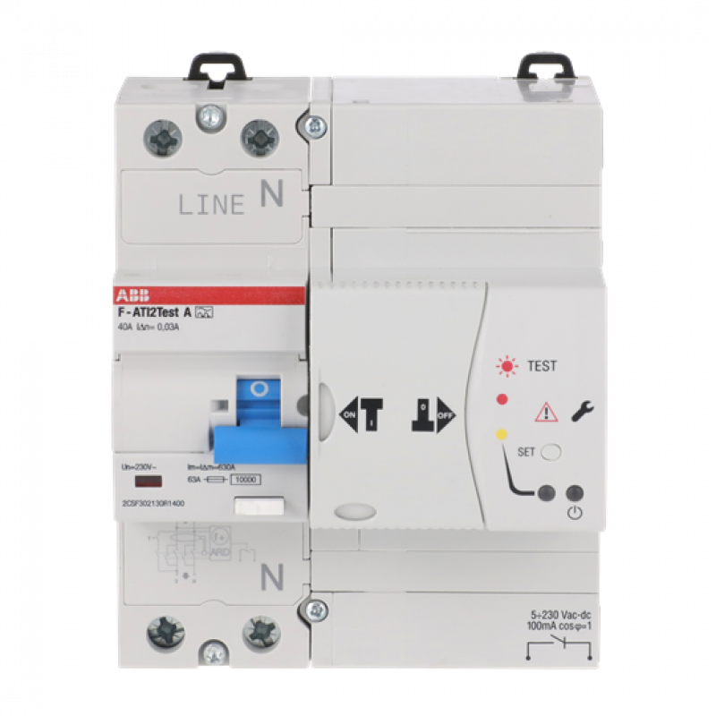 ABB F-ATI2Test A-40/0.03 FI-Schalter, 5 TE 2P, Typ A, 40A, 30mA, kurzzeitverzögert, FI mit automatischer Prüfung (FI-Test) ohne Spannungsunterbrechung