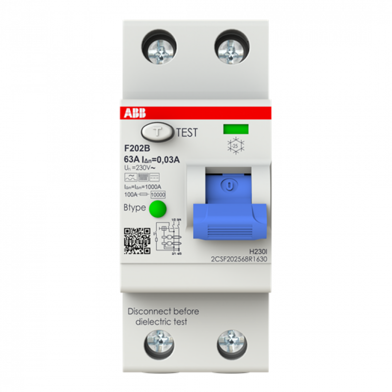 ABB F202 B-63/0.03 FI-Schalter Typ B 2P, 63A, 30mA, 3kA, 2TE, allstromsensitiv, kurzzeitverzögert