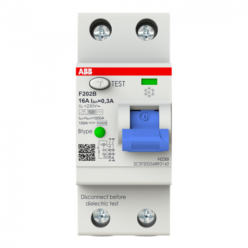 ABB F202 B-16/0.3 FI-Schalter Typ B 2P, 16A, 300mA, 3kA, 2TE, allstromsensitiv, kurzzeitverzögert