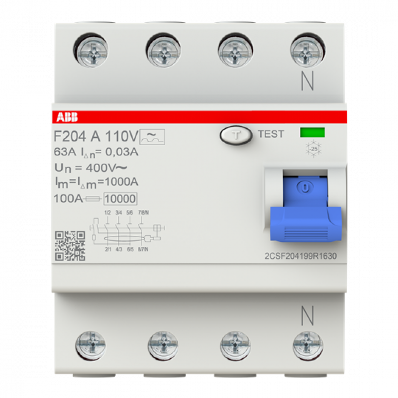 ABB F204 A-63/0.03 110V FI-Schalter Typ A 110V RCCB, 4P, 63A, 30mA, f.110V AC-Netz