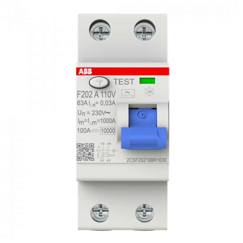 ABB F202 A-63/0.03 110V FI-Schalter Typ A 110V RCCB, 2P, 63A, 30mA, f.110V AC-Netz