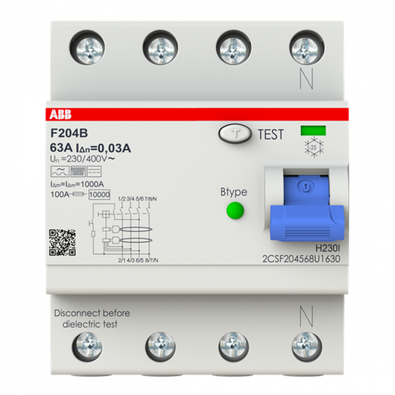 ABB F204 B-63/0.03 U FI-Schalter Typ B 4P, 63A, 30mA, 3kA, 4TE, allstromsensitiv, kurzzeitverzögert unverpackt, Großverpackung 24 Stück