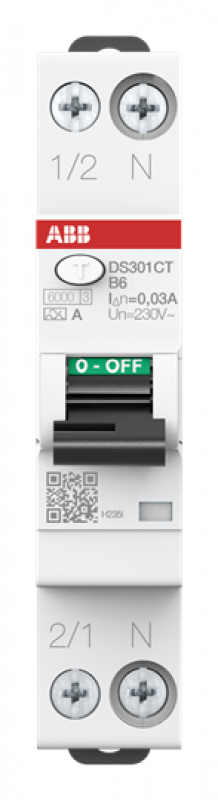 ABB DS301CT B6 A30 FI/LS-Schalter 6kA, 1P+N, Typ A, B6, 30mA, Bahn 1 Teilungseinheit