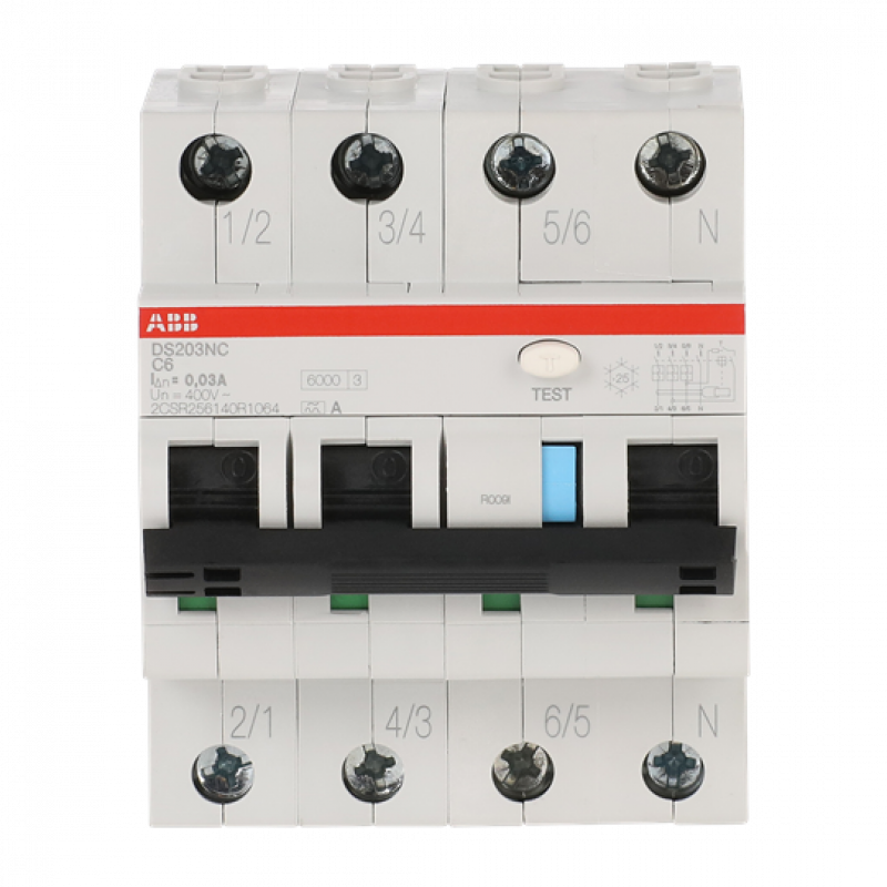 ABB DS203NC C6 A30 FI/LS-Schalter 6kA 3P+N, Typ A, C 6, 30mA 6kA IEC/EN 61009, 10kA IEC/EN 60947-2
