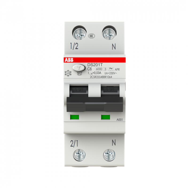 ABB DS201T C6 APR30 FI/LS-Schalter 6kA, 1P+N, Typ A kurzzeitverzögert, Bahn, C6, 30mA