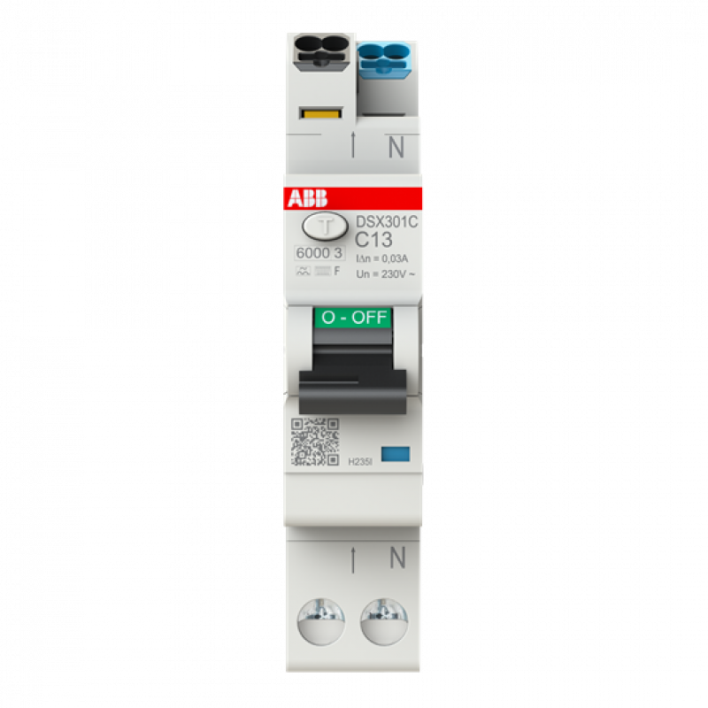 ABB DSX301C C13 F30 FI/LS-Schalter Typ F mischfrequenzsensitiv 30 mA, 6 kA, 1P+N, C-Char., 13 A FlexLine Push-in Technologie 1 Teilungseinheit