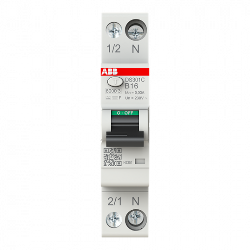 ABB DS301C B16 F30 FI/LS-Schalter Typ F mischfrequenzsensitiv 30 mA, 6 kA, 1P+N, B-Char., 16 A 1 Teilungseinheit