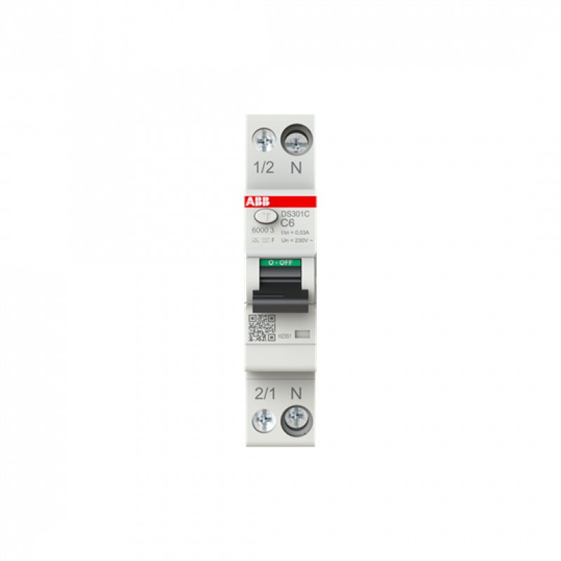 ABB DS301C C6 F30 FI/LS-Schalter Typ F mischfrequenzsensitiv 30 mA, 6 kA, 1P+N, C-Char., 6 A 1 Teilungseinheit