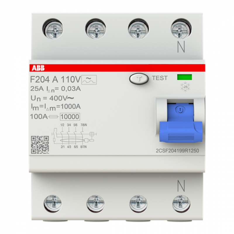 ABB F204 A-25/0.03 110V FI-Schalter Typ A 110V RCCB, 4P, 25A, 30mA, f.110V AC-Netz