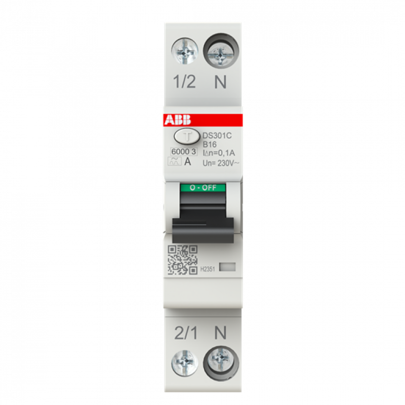 ABB DS301C B16 A100 FI/LS-Schalter Typ A, 100 mA, 6 kA, 1P+N, B-Char., 16 A 1 Teilungseinheit
