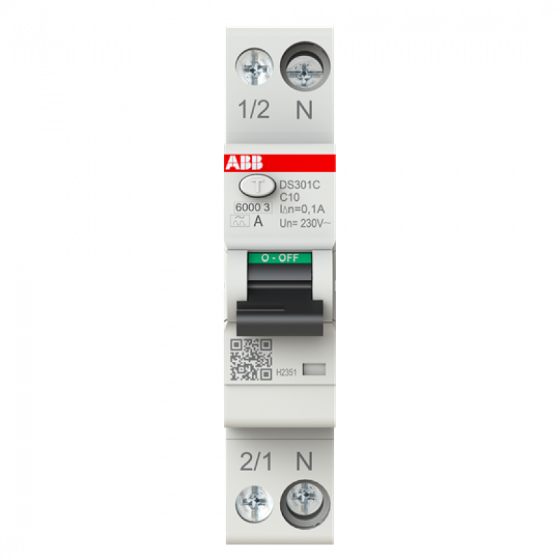 ABB DS301C C10 A100 FI/LS-Schalter Typ A, 100 mA, 6 kA, 1P+N, C-Char., 10 A 1 Teilungseinheit