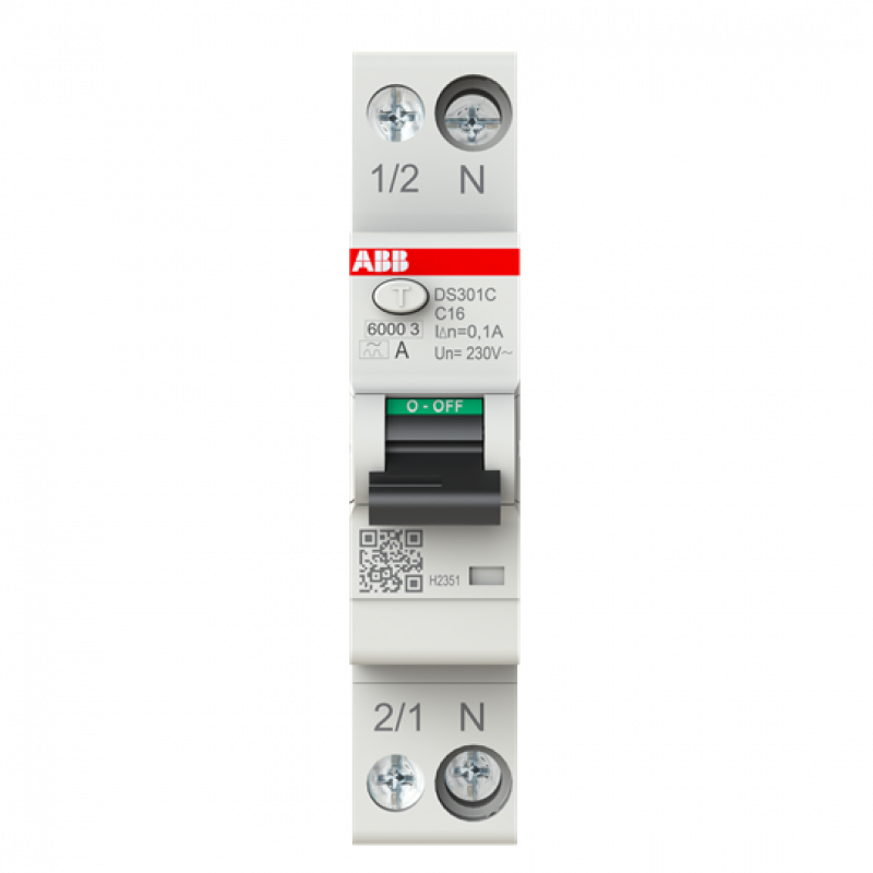 ABB DS301C C16 A100 FI/LS-Schalter Typ A, 100 mA, 6 kA, 1P+N, C-Char., 16 A 1 Teilungseinheit