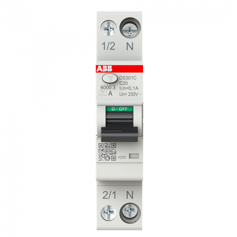 ABB DS301C C20 A100 FI/LS-Schalter Typ A, 100 mA, 6 kA, 1P+N, C-Char., 20 A 1 Teilungseinheit