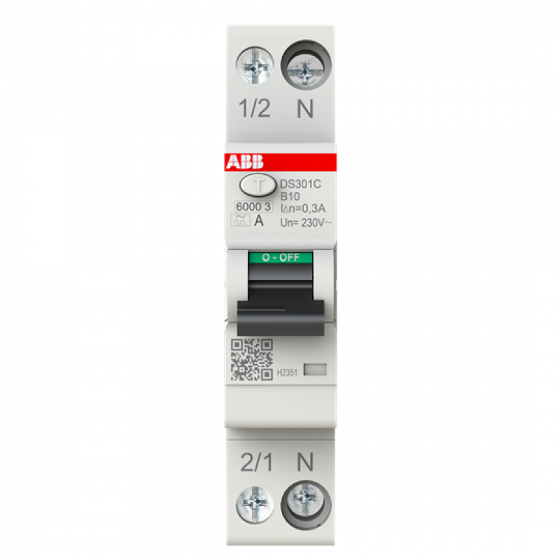 ABB DS301C B10 A300 FI/LS-Schalter Typ A, 300 mA, 6 kA, 1P+N, B-Char., 10 A 1 Teilungseinheit