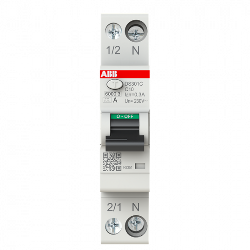 ABB DS301C C10 A300 FI/LS-Schalter Typ A, 300 mA, 6 kA, 1P+N, C-Char., 10 A 1 Teilungseinheit