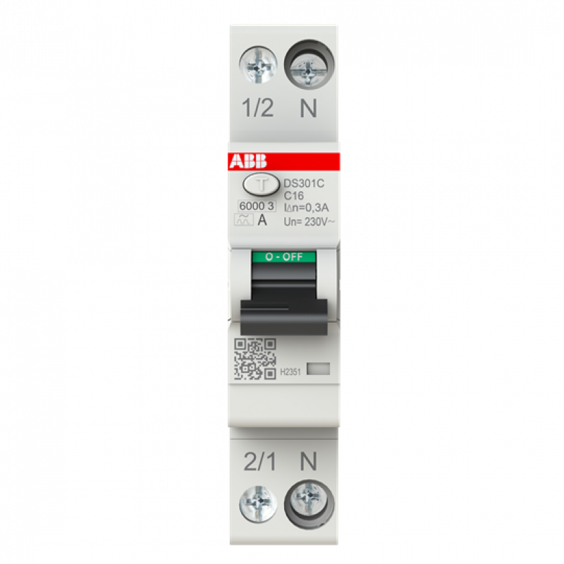 ABB DS301C C16 A300 FI/LS-Schalter Typ A, 300 mA, 6 kA, 1P+N, C-Char., 16 A 1 Teilungseinheit