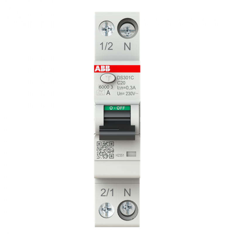 ABB DS301C C20 A300 FI/LS-Schalter Typ A, 300 mA, 6 kA, 1P+N, C-Char., 20 A 1 Teilungseinheit