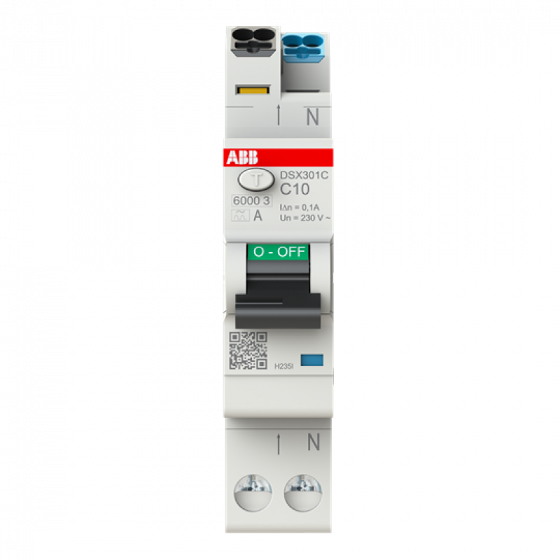 ABB DSX301C C10 A100 FI/LS-Schalter Typ A, 100 mA, 6 kA, 1P+N, C-Char., 10 A FlexLine Push-in Technologie 1 Teilungseinheit